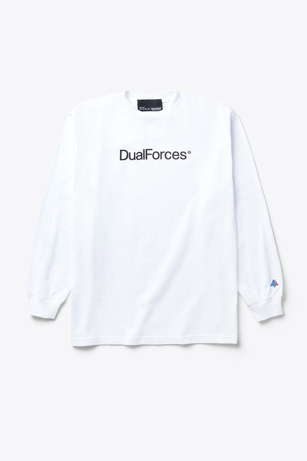 Long-sleeved t-shirt is printed with our DualForces team logo on front and DualForces mark on the sleeve.  Printed Team Logo   Woven Brand Label   Made in USA 