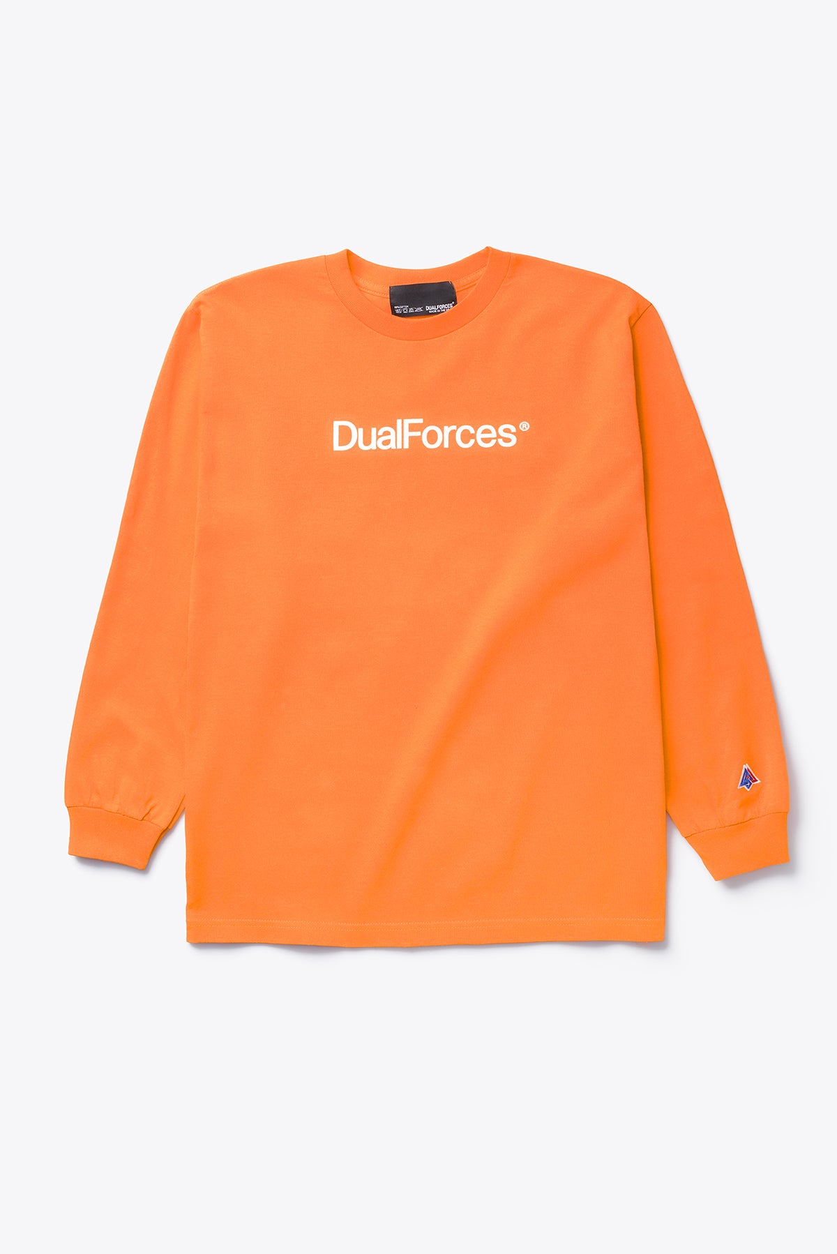 Orange Long-sleeved t-shirt is printed with our DualForces team logo on front and DualForces mark on the sleeve.  Printed Team Logo   Woven Brand Label   Made in USA 